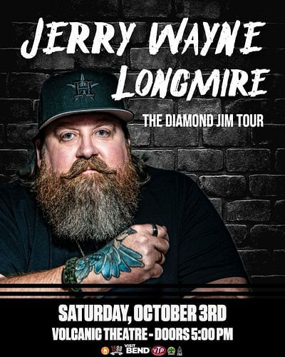 A promotional poster for a Jerry Wayne Longmire concert at Volcanic Theatre in Central Oregon.