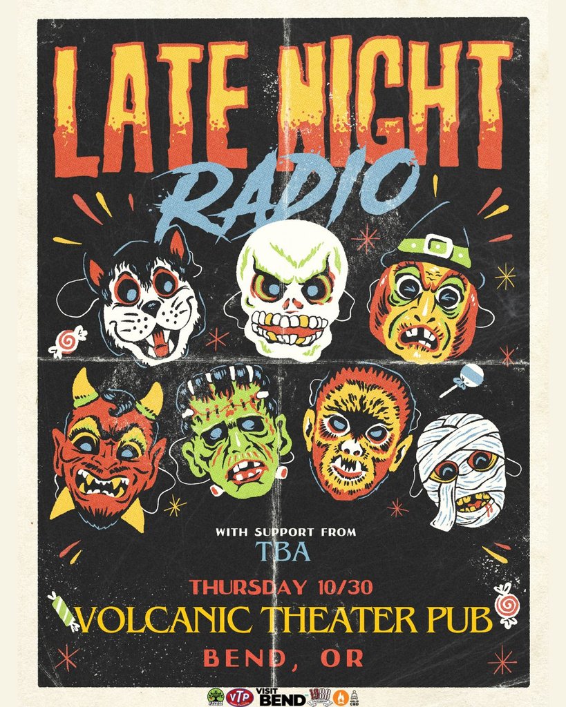 A vintage-style poster for a Late Night Radio concert featuring spooky Halloween masks in Central Oregon.