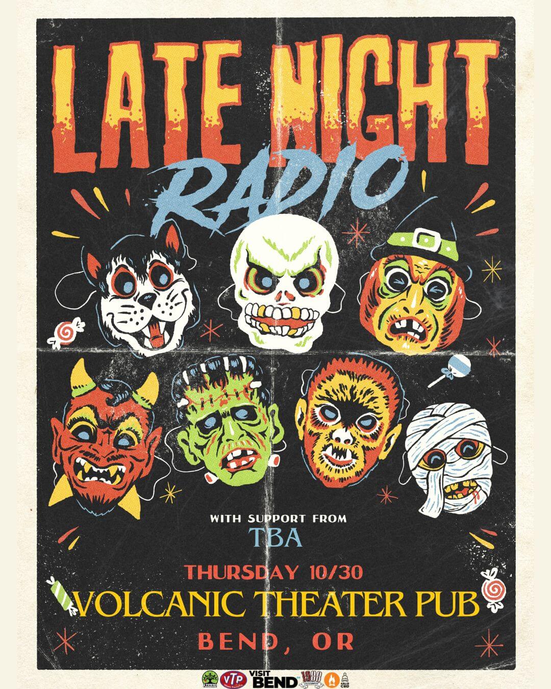 A vintage-style poster for a Late Night Radio concert featuring spooky Halloween masks in Central Oregon.