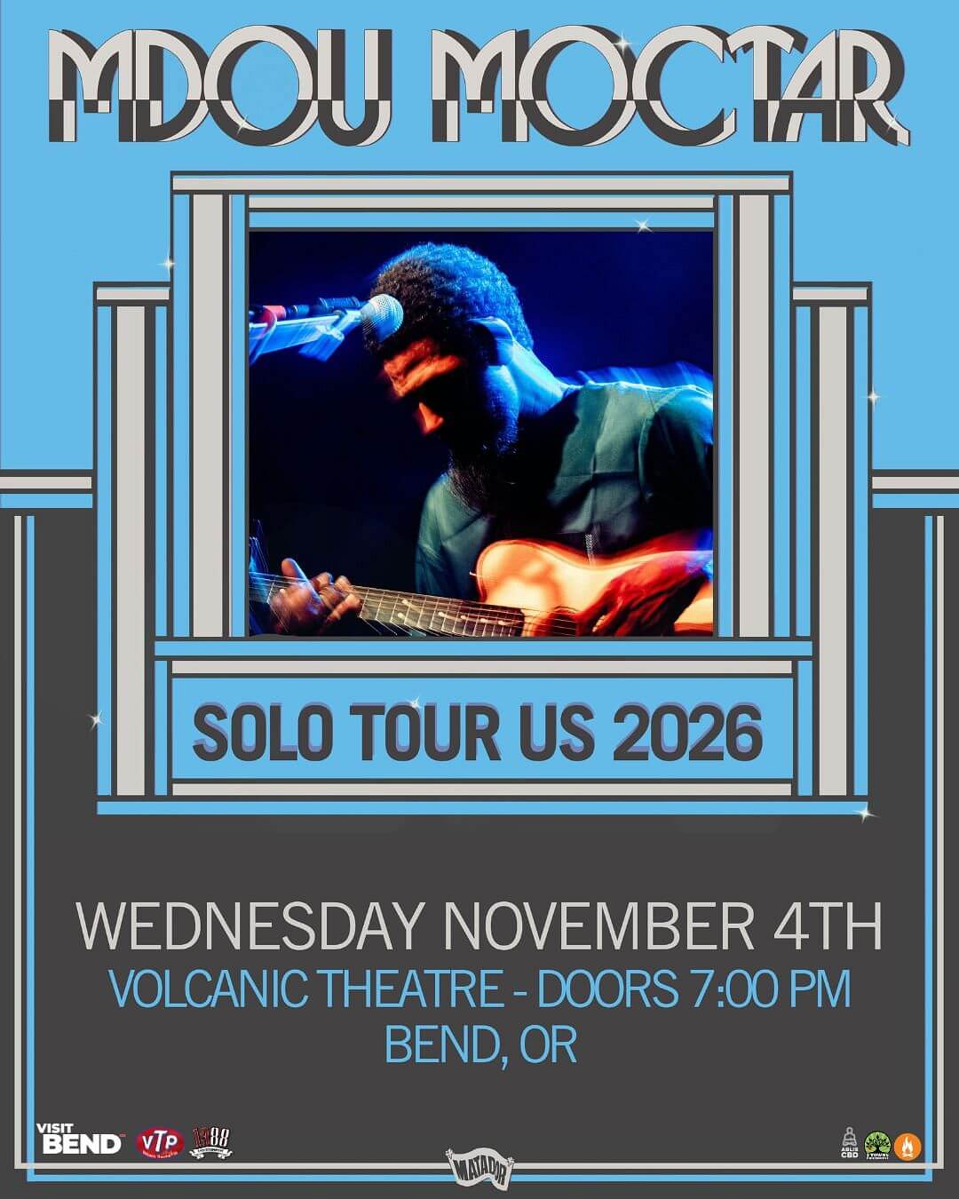 A concert poster for Mdou Moctar's 2026 solo US tour at Volcanic Theatre in Central Oregon.