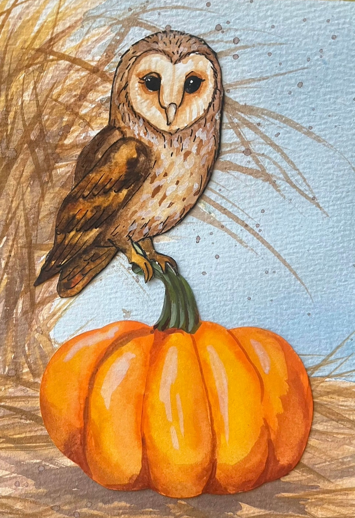 A watercolor illustration of a barn owl perched on top of a pumpkin in Central Oregon.