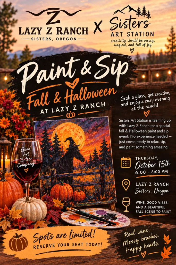 A promotional flyer for a fall and Halloween themed paint and sip event in Central Oregon.