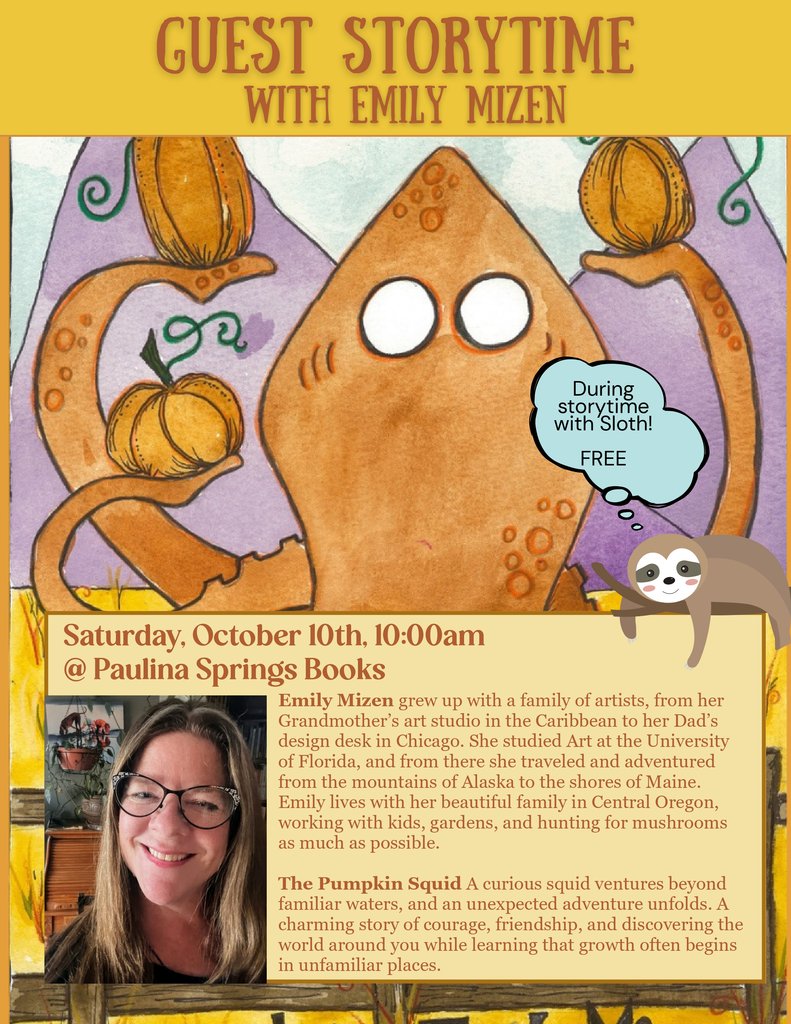 A flyer for a guest storytime event featuring an illustration of a pumpkin-holding squid in Central Oregon.