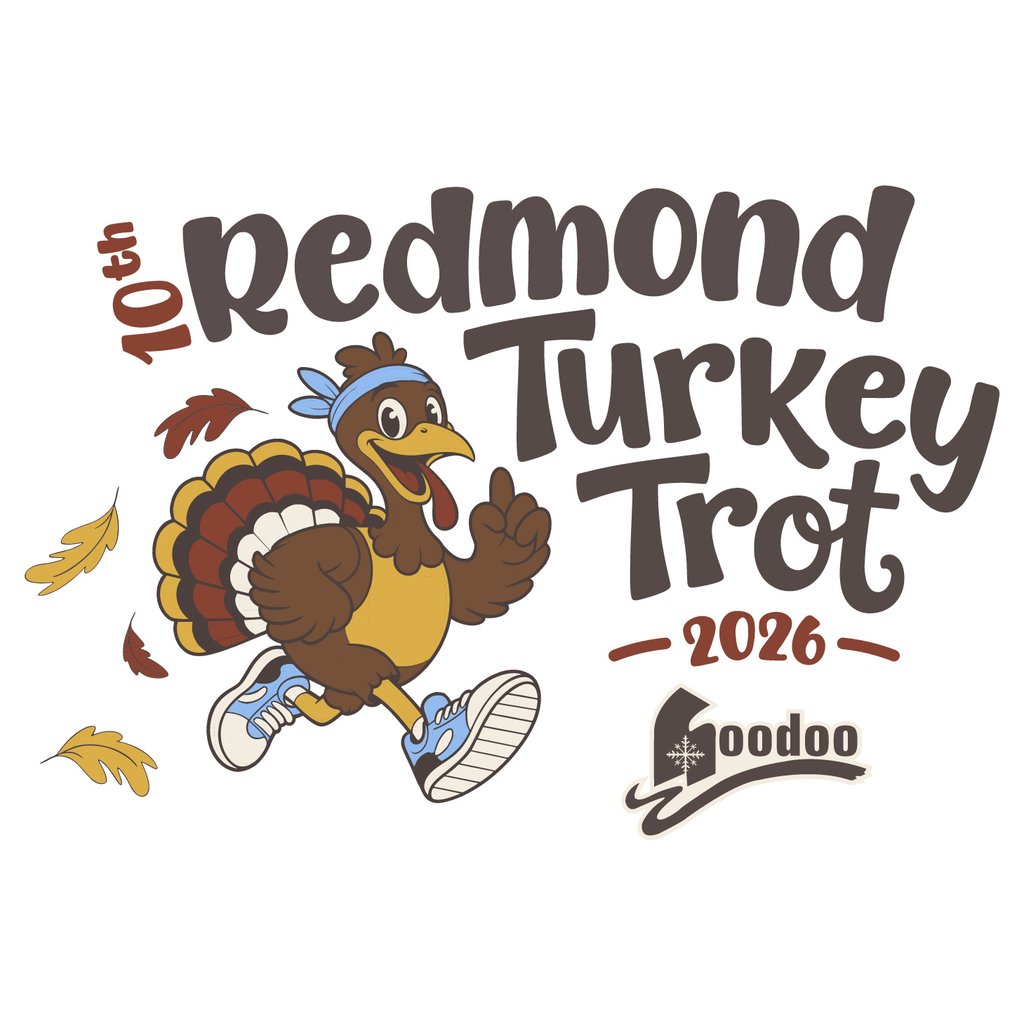 A cartoon turkey wearing sneakers and a headband running for a 10th annual event in Central Oregon.