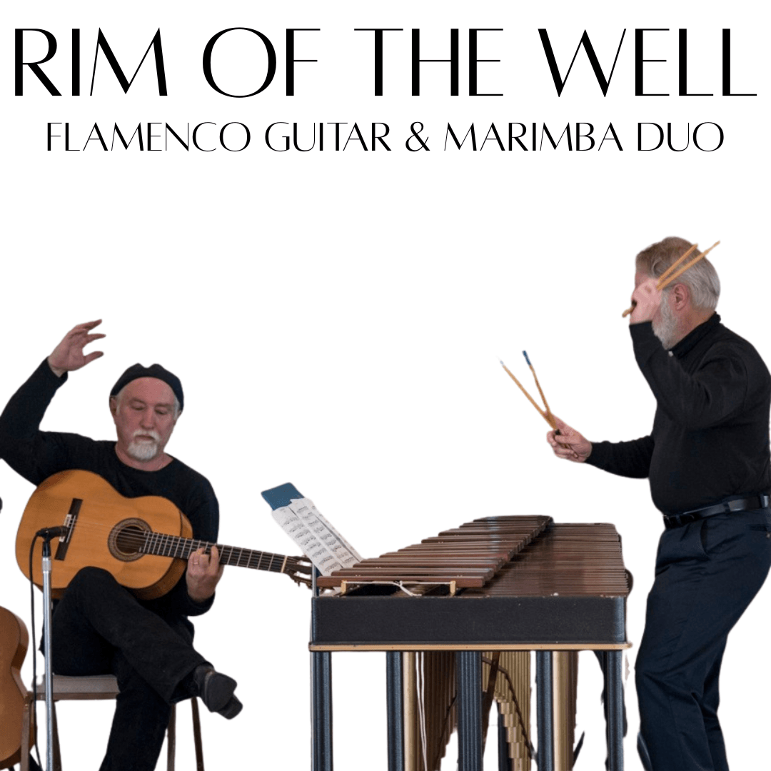 A flamenco guitar and marimba duo performing against a white background in Central Oregon.