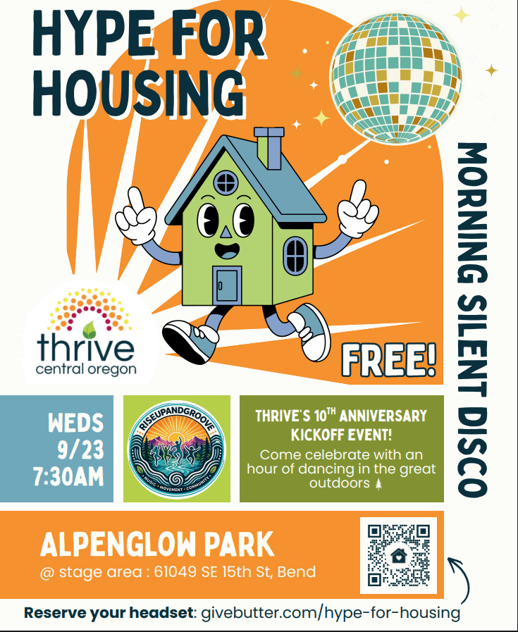 A colorful event flyer for a morning silent disco housing awareness event in Central Oregon.