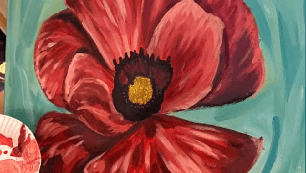 A close-up acrylic painting of a vibrant red poppy flower on a teal background in Central Oregon.