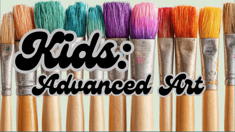 A row of colorful paintbrushes with the text Kids: Advanced Art overlaid in Central Oregon.