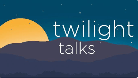 A graphic featuring the words twilight talks over a sunset landscape with stars in Central Oregon.