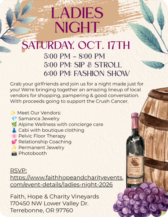 A flyer for a Ladies Night event featuring wine, shopping, and a fashion show in Central Oregon.