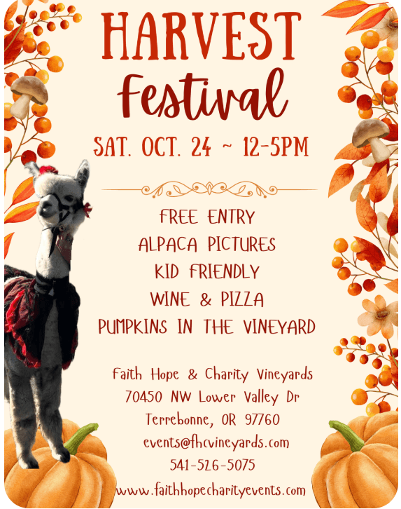 A flyer for a harvest festival featuring an alpaca and autumn decorations in Central Oregon.