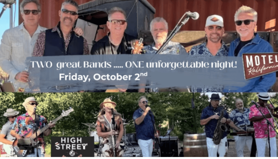 A promotional image featuring two different musical bands performing for an event in Central Oregon.