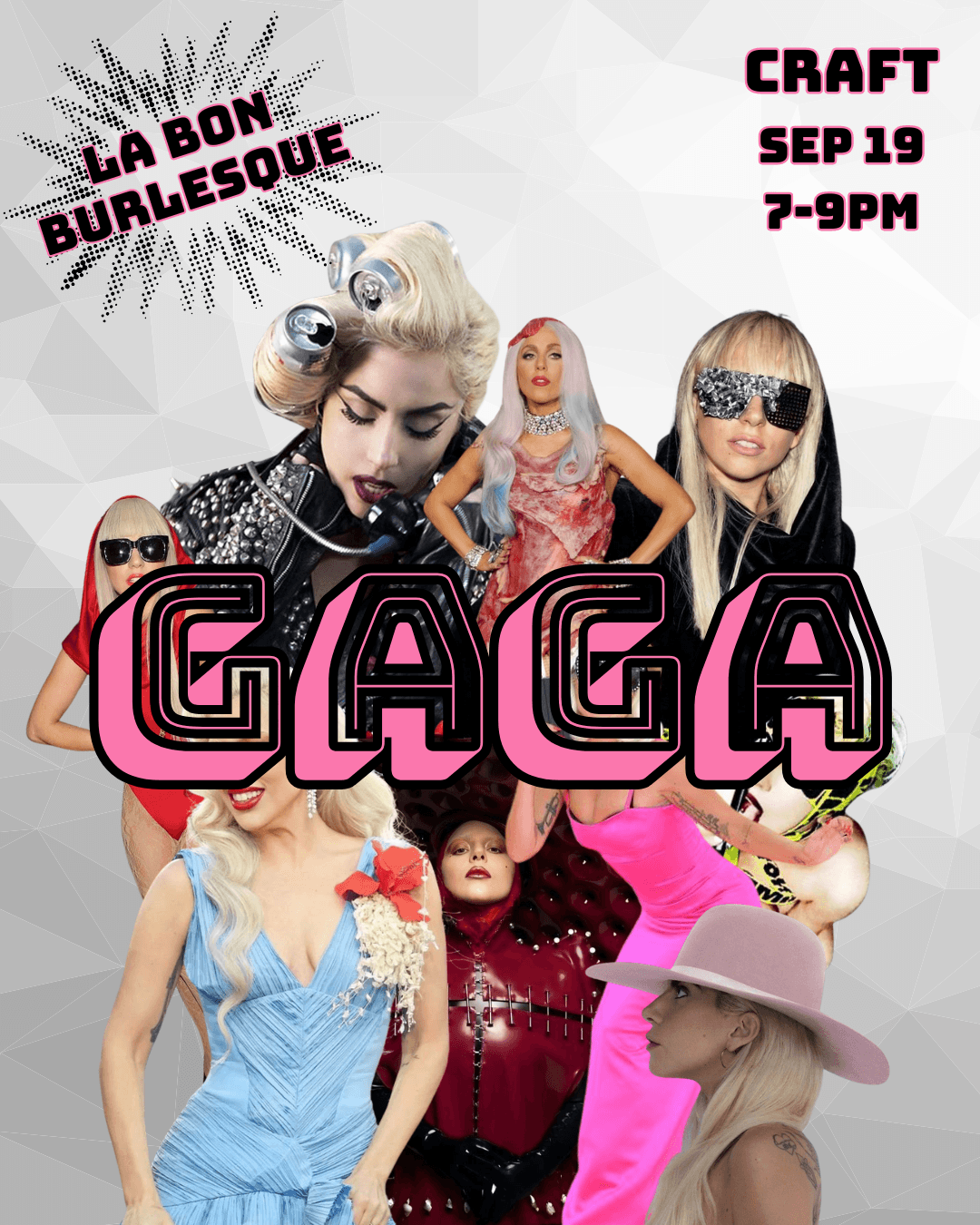A promotional poster featuring multiple images of Lady Gaga for a burlesque event in Central Oregon.