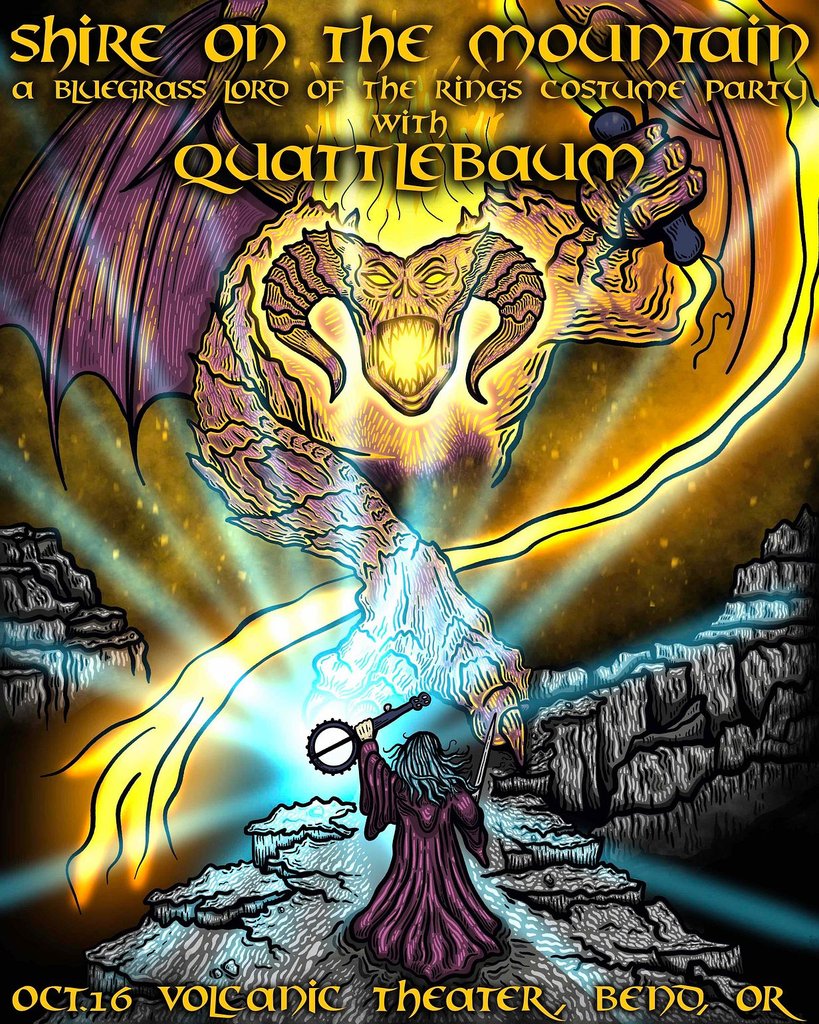 A concert poster featuring a wizard facing a fiery demon in a mountain landscape in Central Oregon.