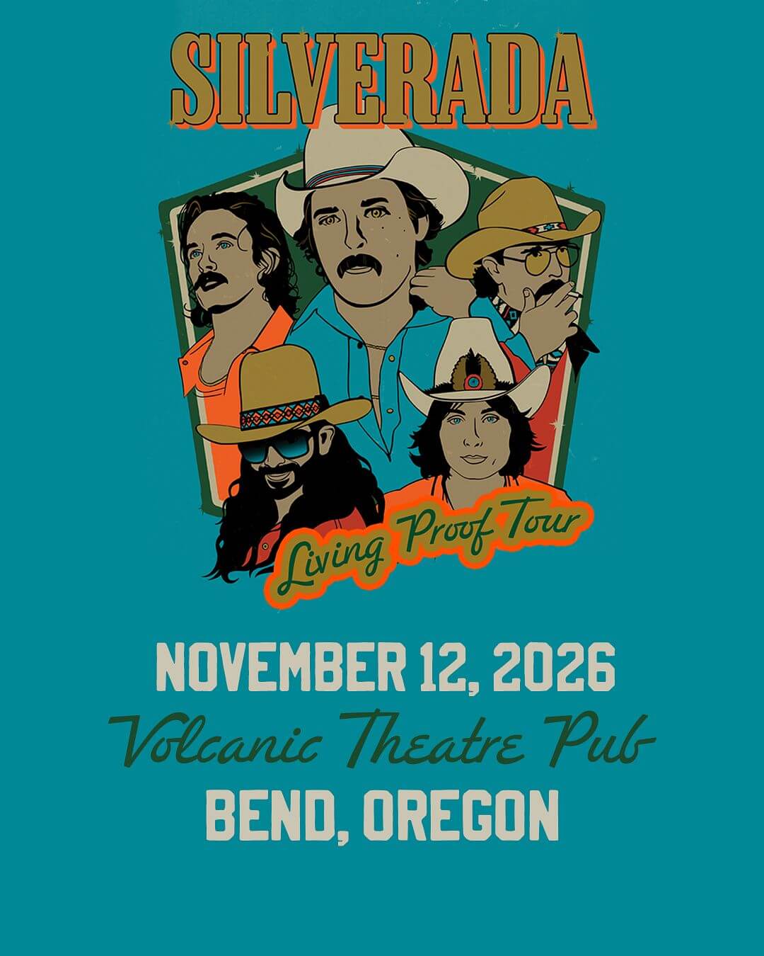 A concert poster for the band Silverada featuring illustrations of the five band members in Central Oregon.