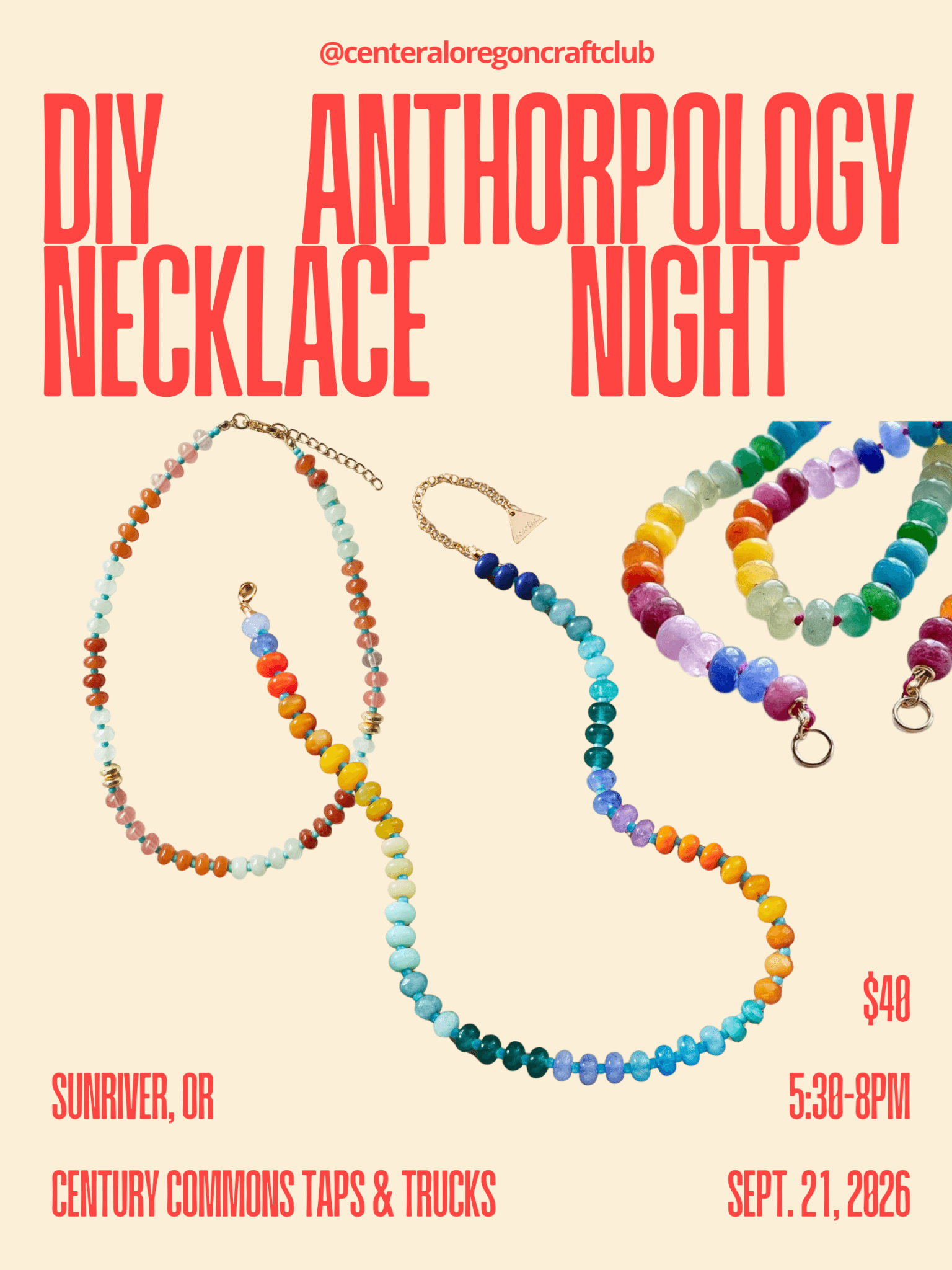 A flyer for a DIY Anthropologie necklace craft night event in Sunriver, Oregon in Central Oregon.