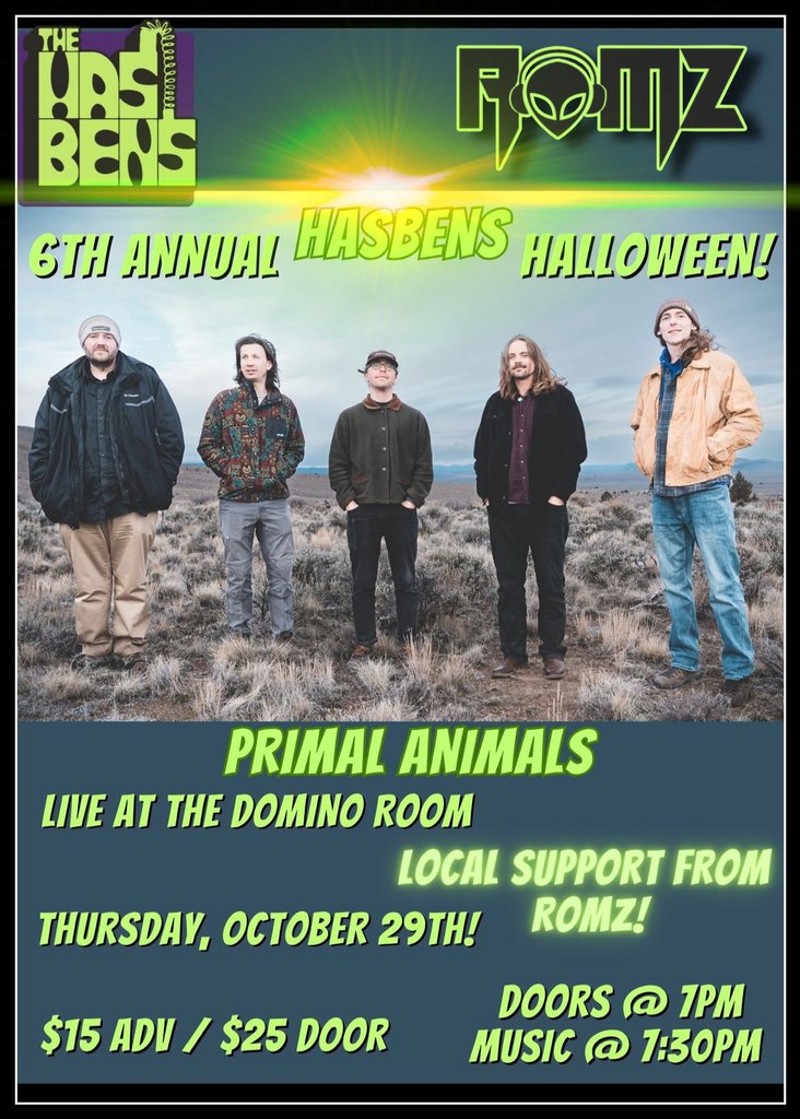 A concert poster featuring five men standing in a field for a Halloween show in Central Oregon.