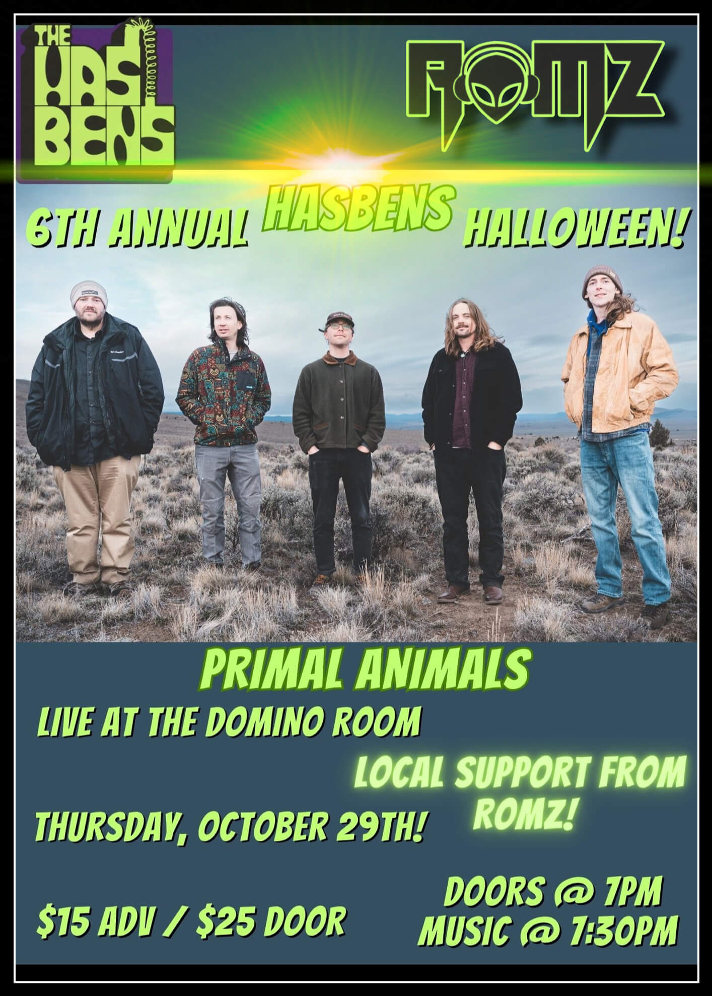A concert poster featuring five men standing in a field for a Halloween show in Central Oregon.