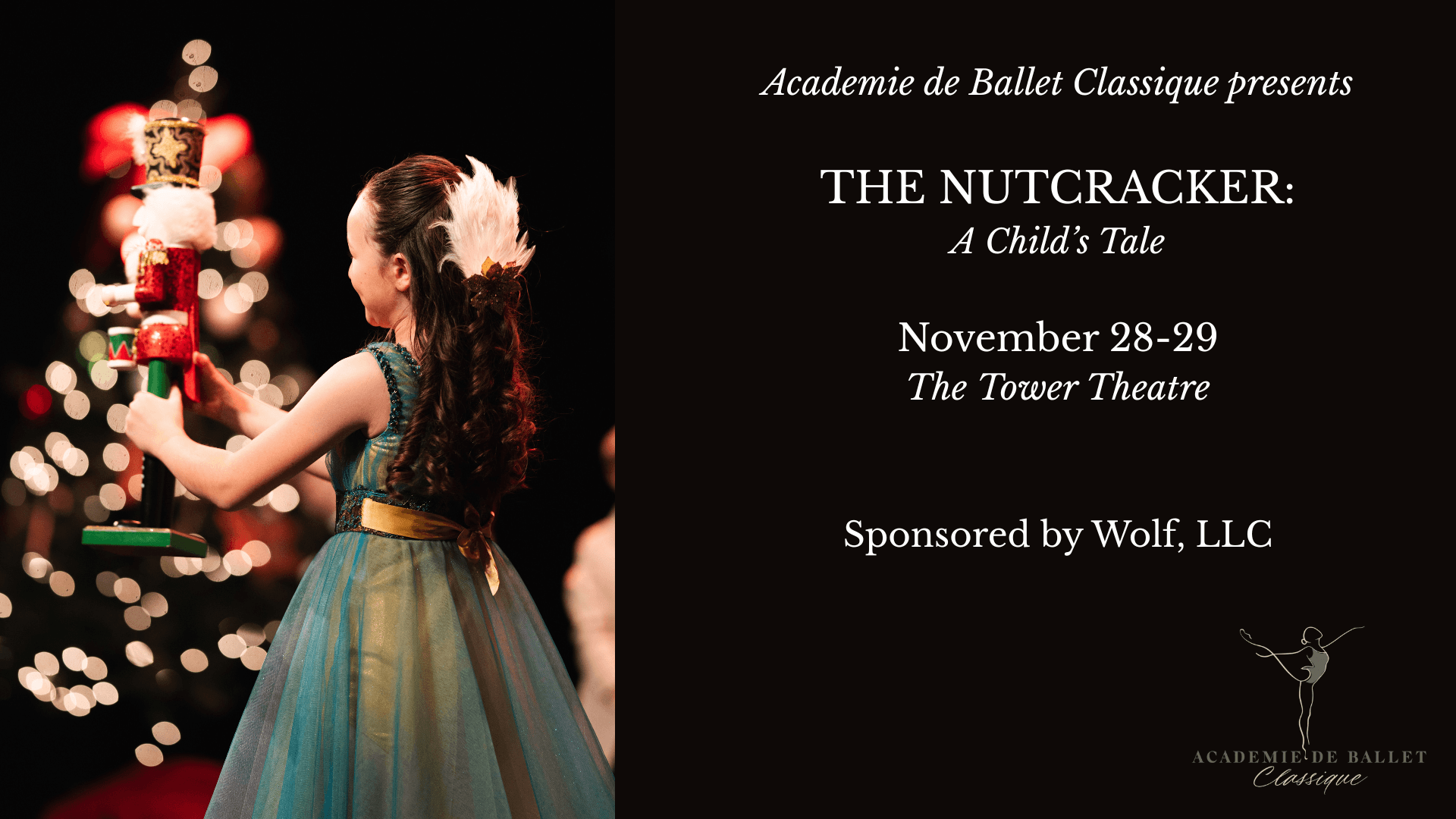 A young girl in a blue dress holds a nutcracker doll on stage in Central Oregon.