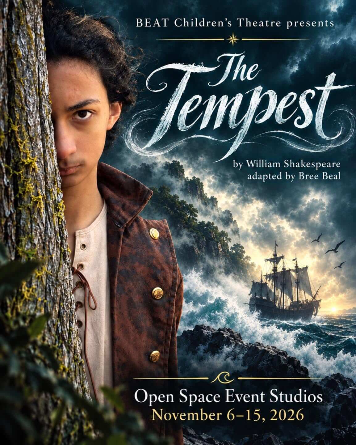 A theatrical poster for The Tempest featuring a young man and a stormy sea in Central Oregon.