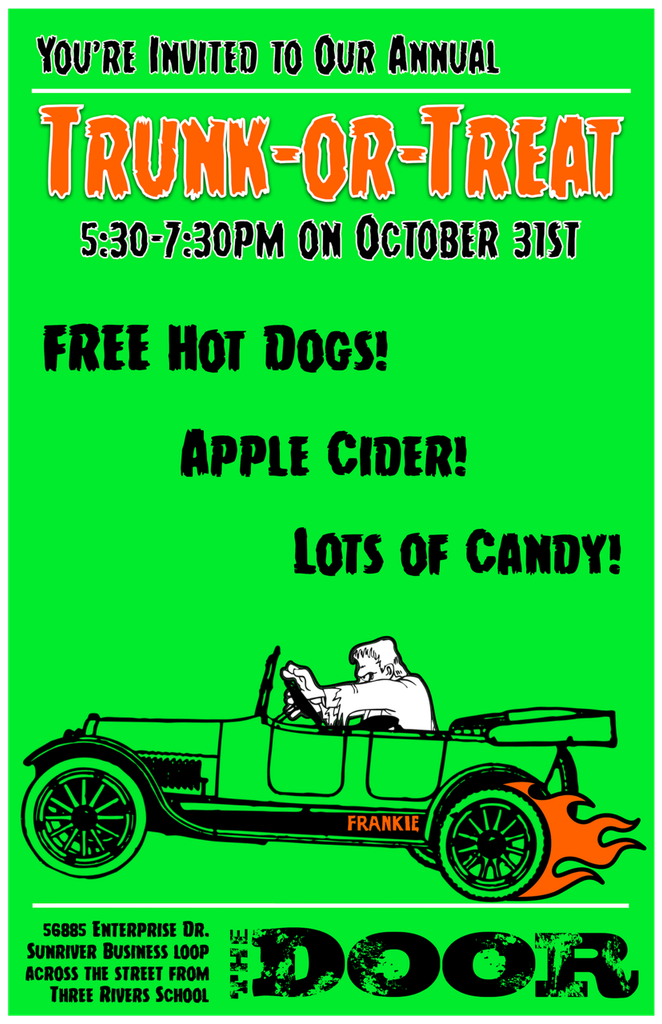 A bright green flyer advertising an annual trunk-or-treat event on Halloween in Central Oregon.