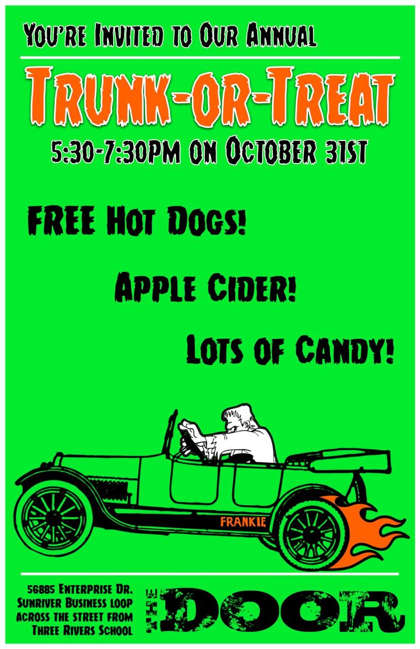 A bright green flyer advertising an annual trunk-or-treat event on Halloween in Central Oregon.