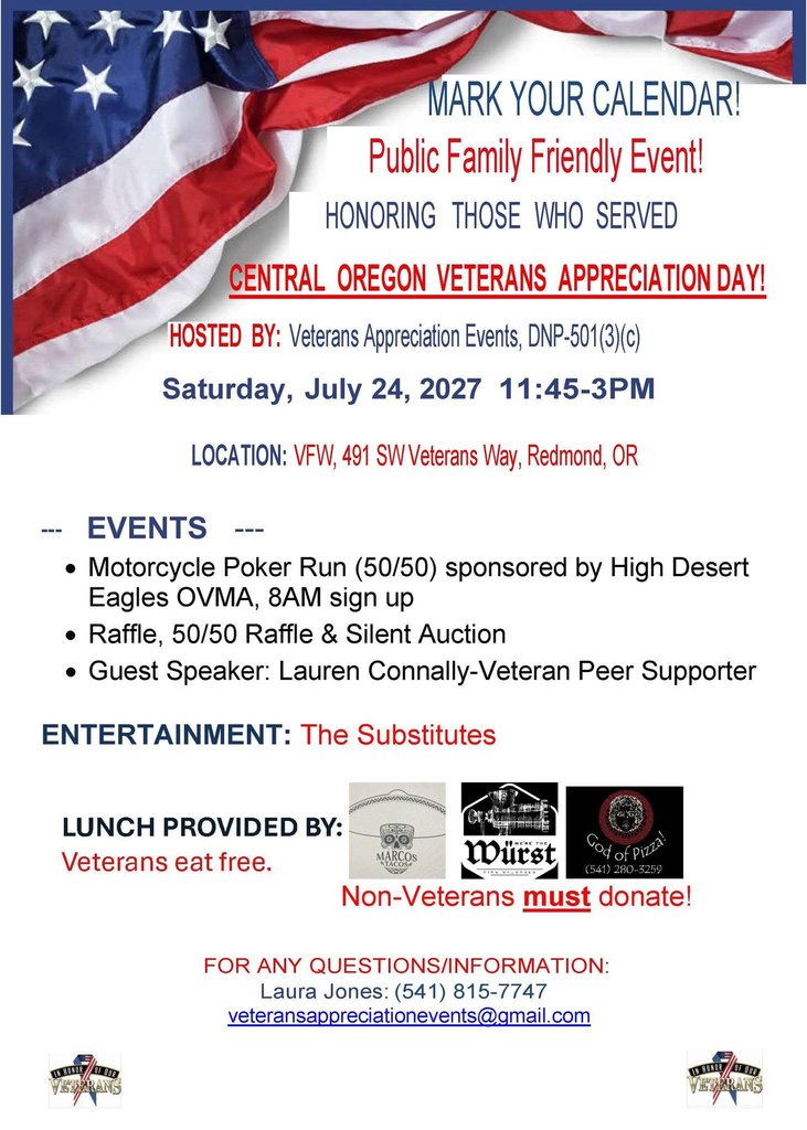 A flyer for a Central Oregon Veterans Appreciation Day event on July 24, 2027 in Central Oregon.