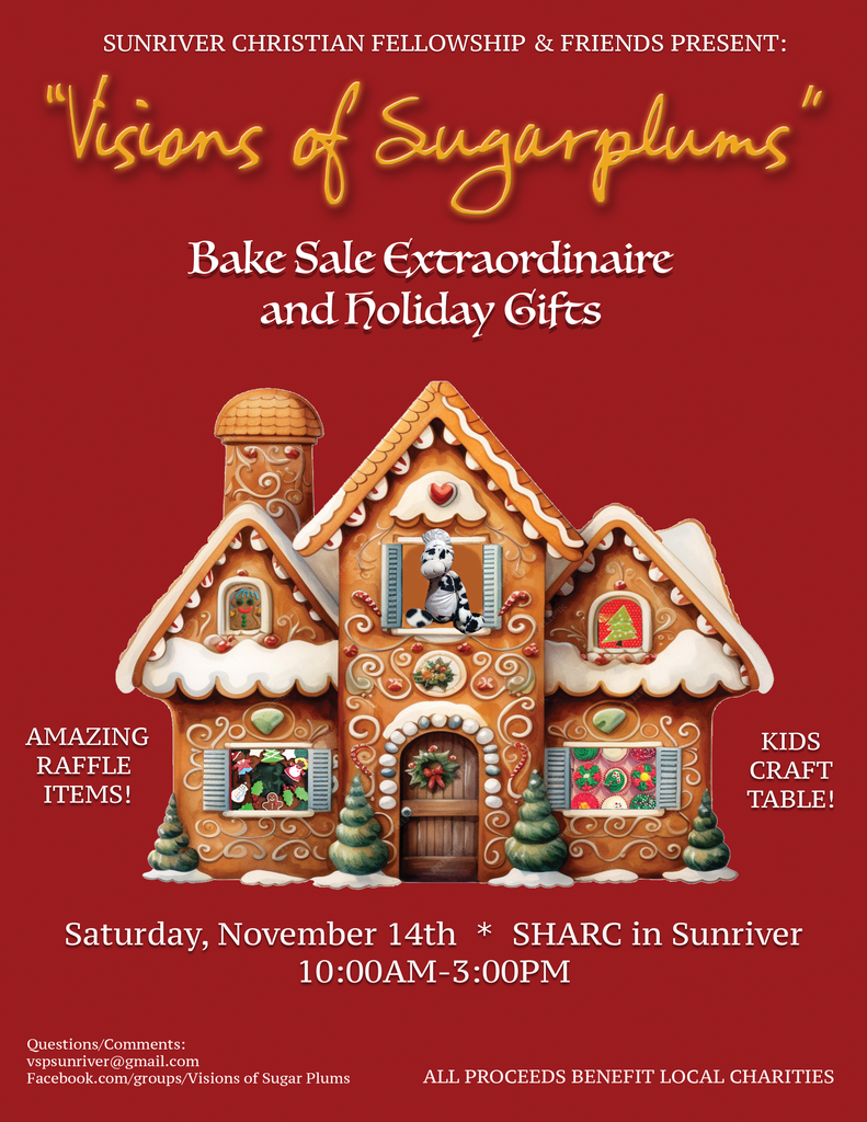 A holiday bake sale flyer featuring a gingerbread house on a red background in Central Oregon.