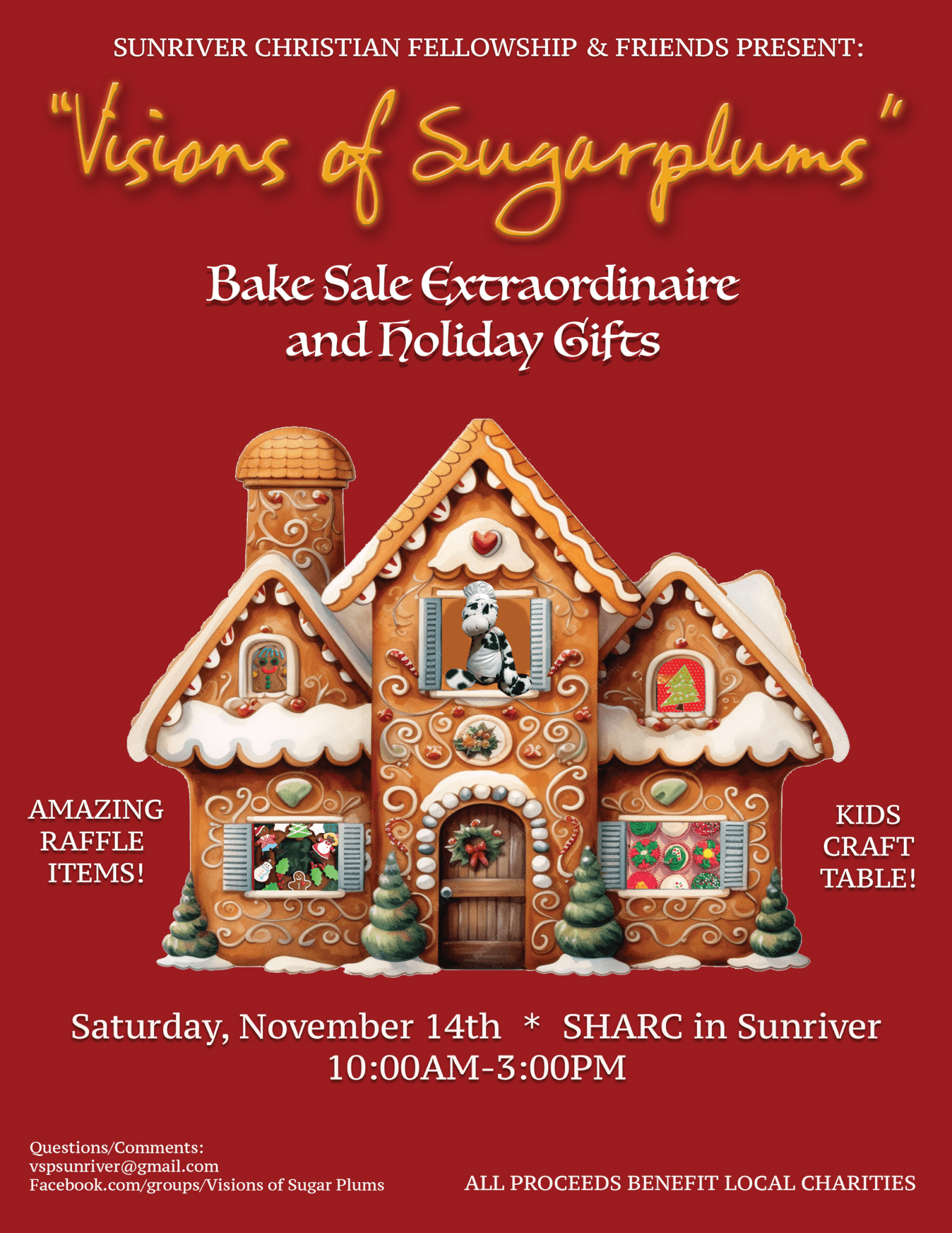 A holiday bake sale flyer featuring a gingerbread house on a red background in Central Oregon.