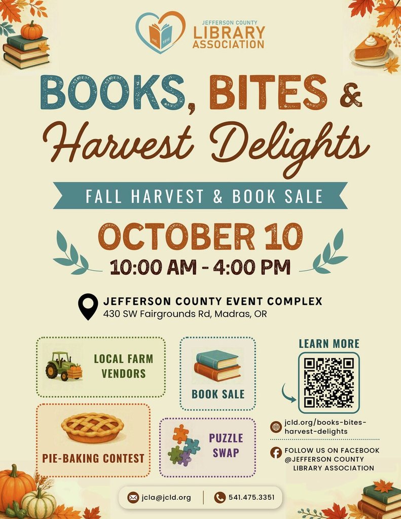 A flyer for the Jefferson County Library Association's fall harvest and book sale event in Central Oregon.