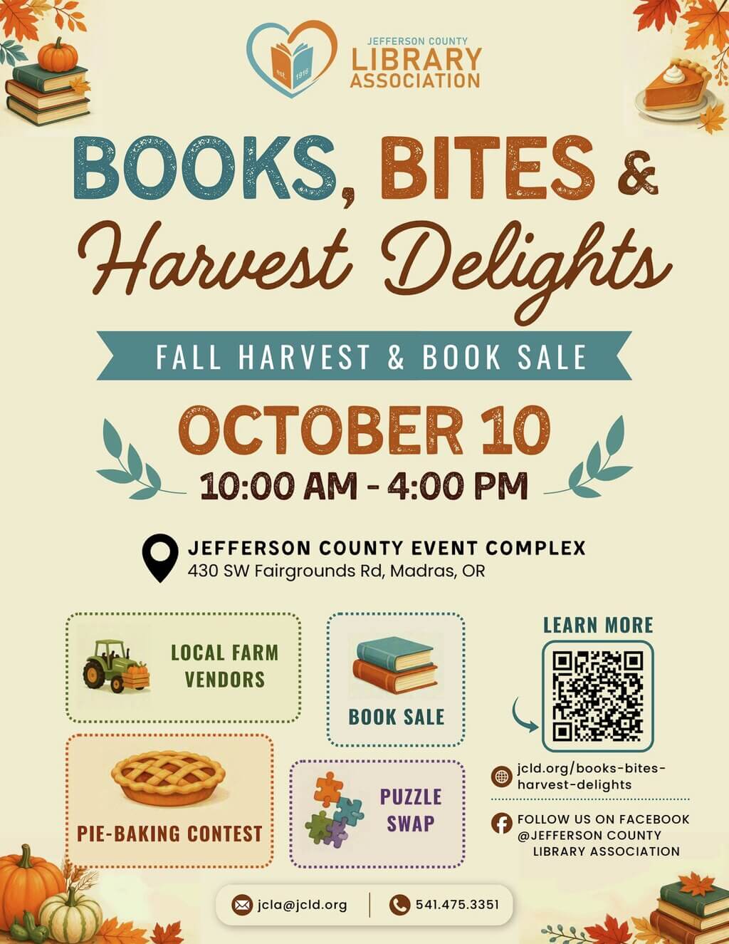 A flyer for the Jefferson County Library Association's fall harvest and book sale event in Central Oregon.