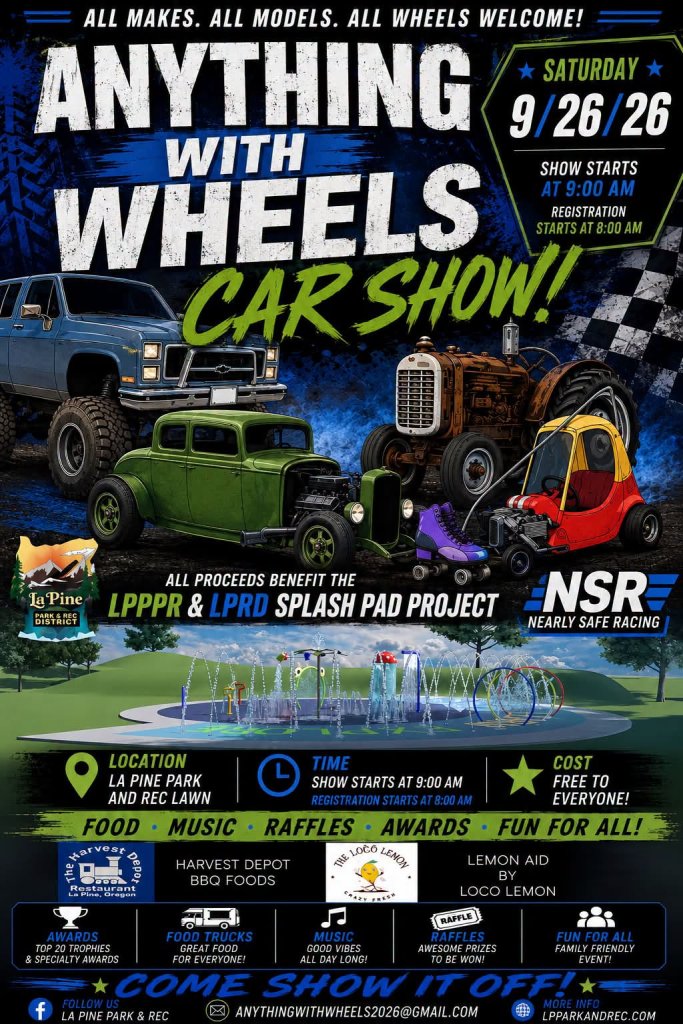 A promotional flyer for an Anything With Wheels car show event in Central Oregon.