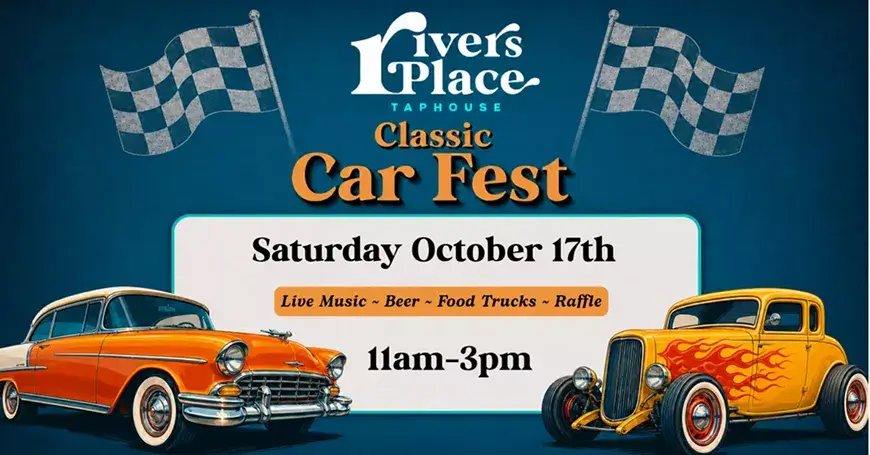 A promotional flyer for a classic car festival at River's Place Taphouse in Central Oregon.