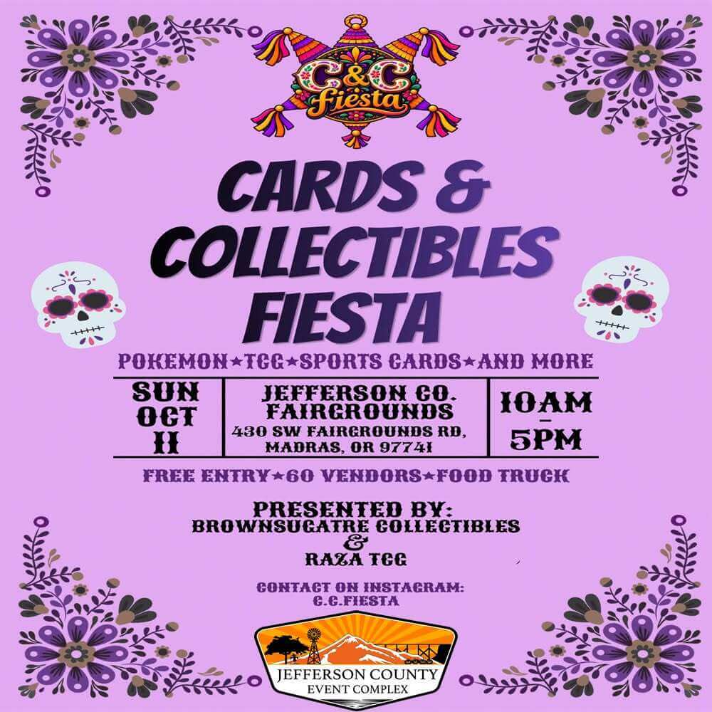 A flyer for a Cards and Collectibles Fiesta event at the Jefferson County Fairgrounds in Central Oregon.