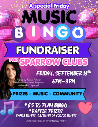 A colorful flyer for a music bingo fundraiser event for Sparrow Clubs in Central Oregon.