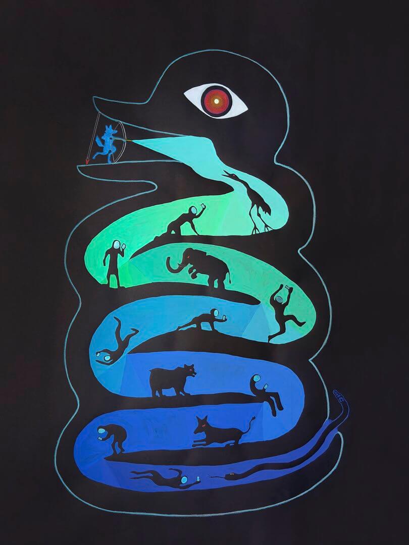 A stylized illustration shows silhouettes of humans and animals inside a giant serpent's body in Central Oregon.