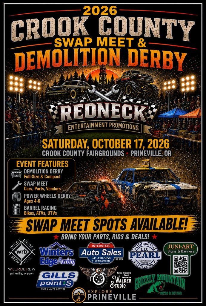 A promotional poster for the 2026 Crook County Swap Meet and Demolition Derby event in Central Oregon.