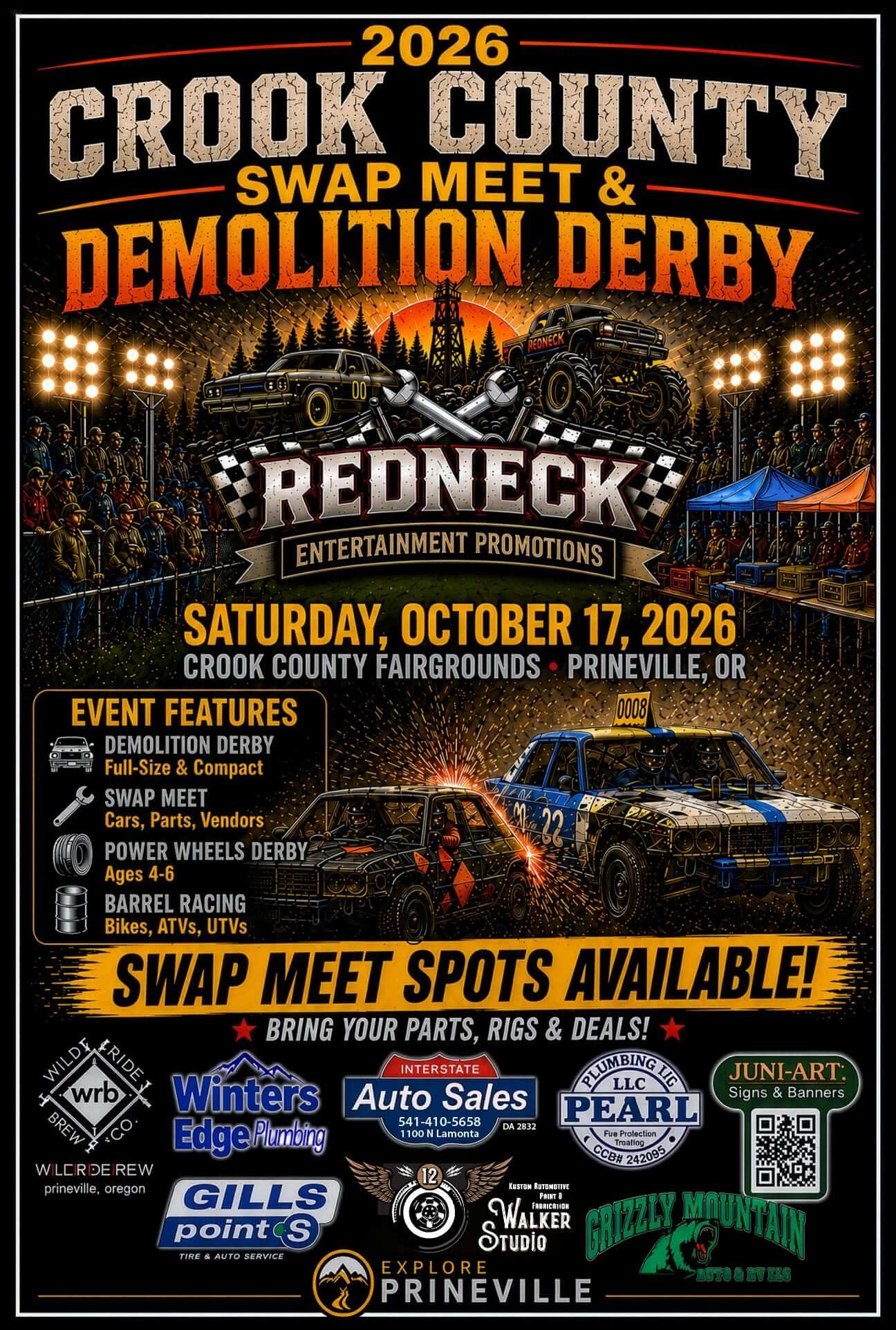 A promotional poster for the 2026 Crook County Swap Meet and Demolition Derby event in Central Oregon.