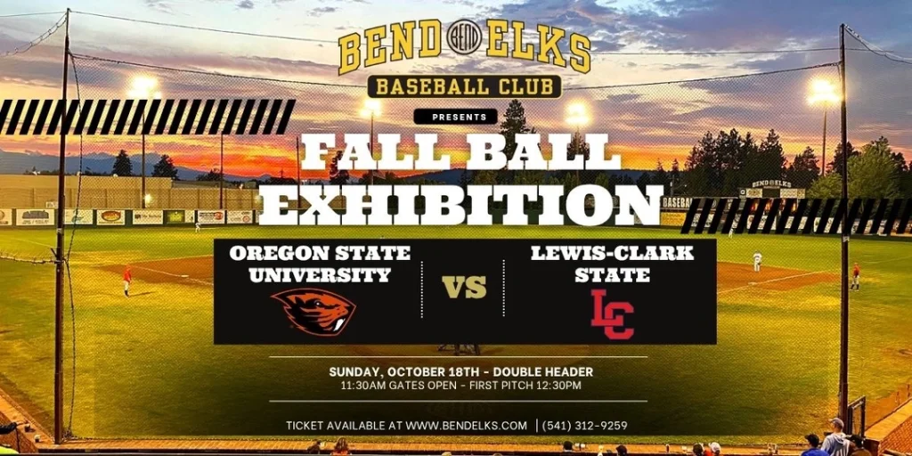 A promotional graphic for a Bend Elks baseball exhibition game at sunset in Central Oregon.