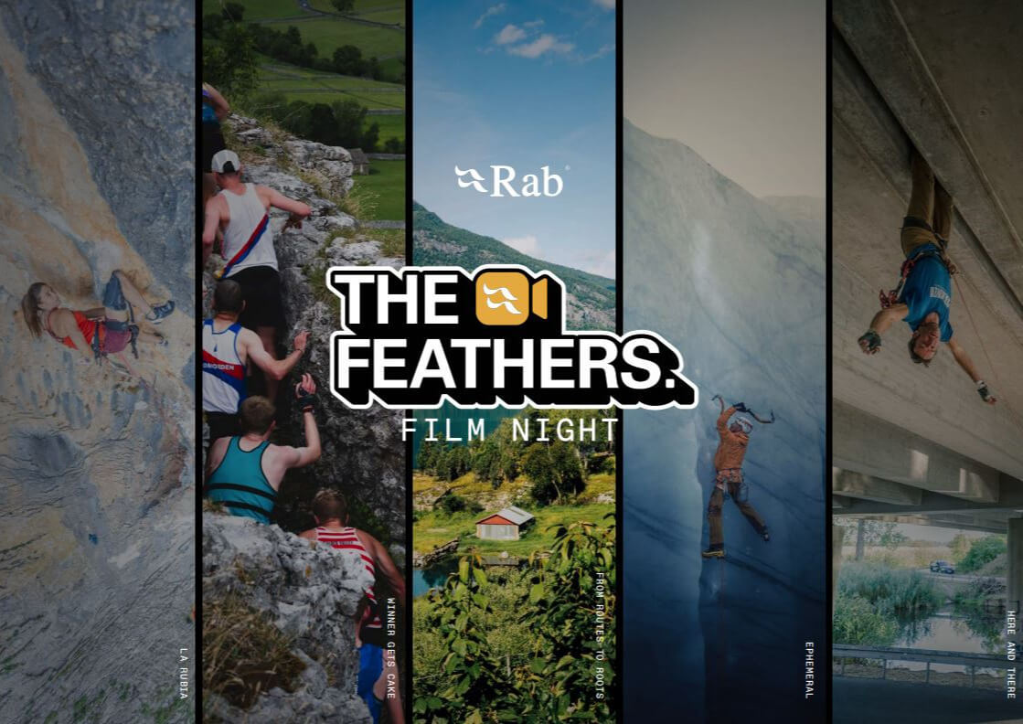 A promotional poster for a Rab film night featuring various rock climbing scenes in Central Oregon.