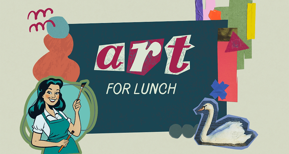 A collage-style graphic featuring the text Art for Lunch with a painter and swan in Central Oregon.