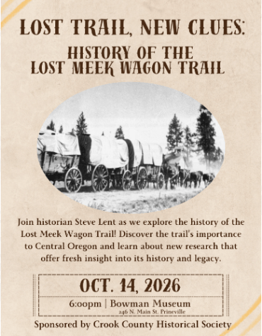 A flyer for a historical presentation about the Lost Meek Wagon Trail in Central Oregon.
