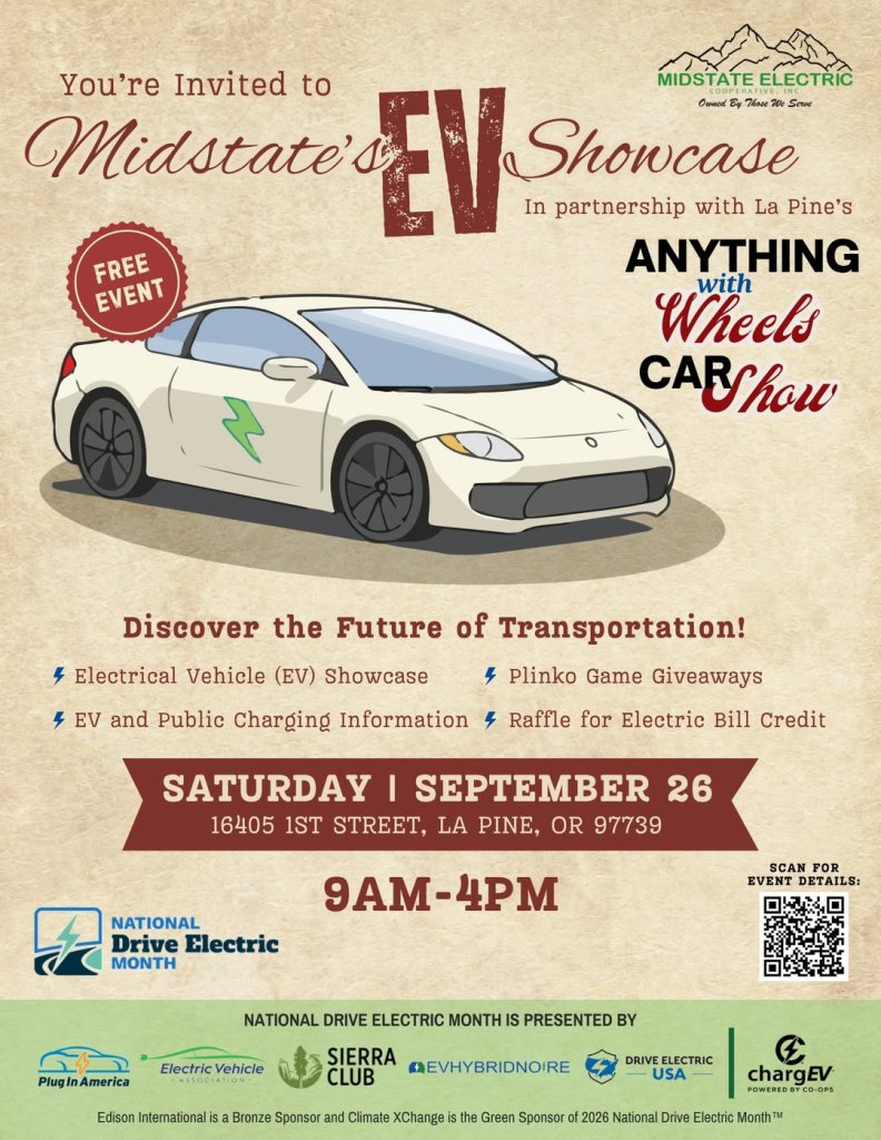 A flyer for a Midstate Electric EV showcase event featuring a white electric car in Central Oregon.