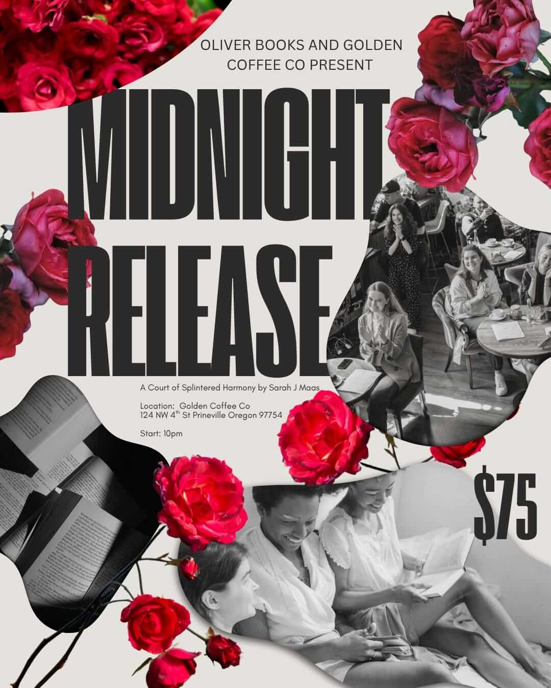 A promotional flyer for a midnight book release event decorated with red roses in Central Oregon.