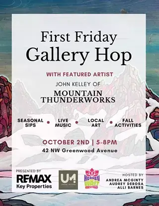 A flyer for a First Friday Gallery Hop event featuring artist John Kelley in Central Oregon.