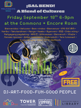 A promotional flyer for a multicultural event featuring a globe, headphones, and music imagery in Central Oregon.