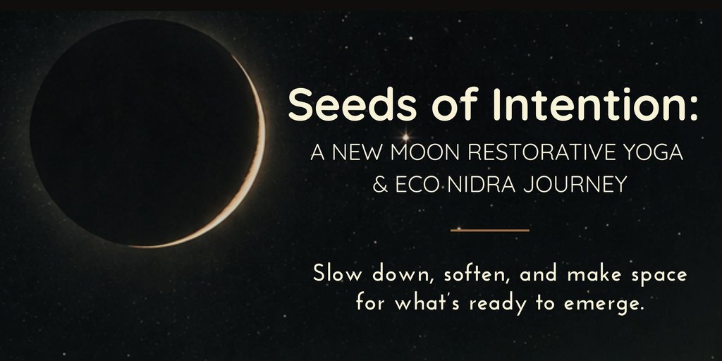 A graphic featuring a new moon and text about a restorative yoga event in Central Oregon.