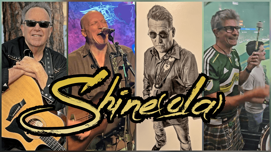 A collage of four musicians performing with the band name Shineola overlaid in Central Oregon.
