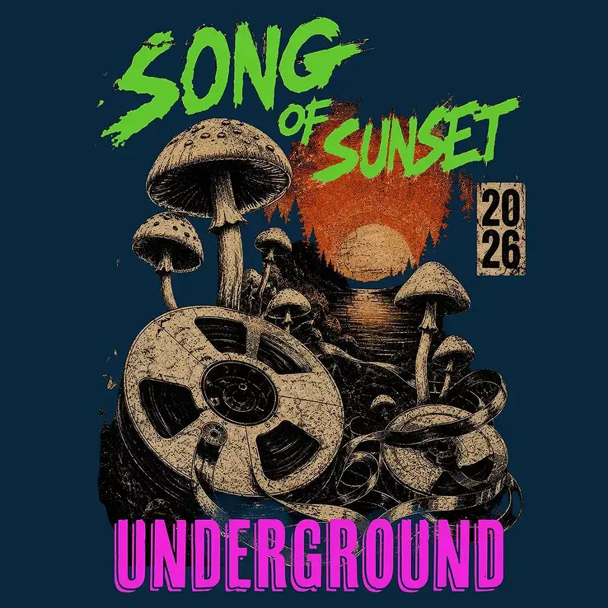 A stylized graphic featuring mushrooms, film reels, and a sunset with text overlays in Central Oregon.