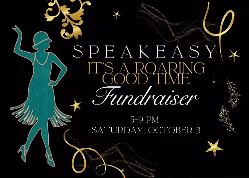 A black and gold invitation for a Roaring Twenties themed speakeasy fundraiser event in Central Oregon.